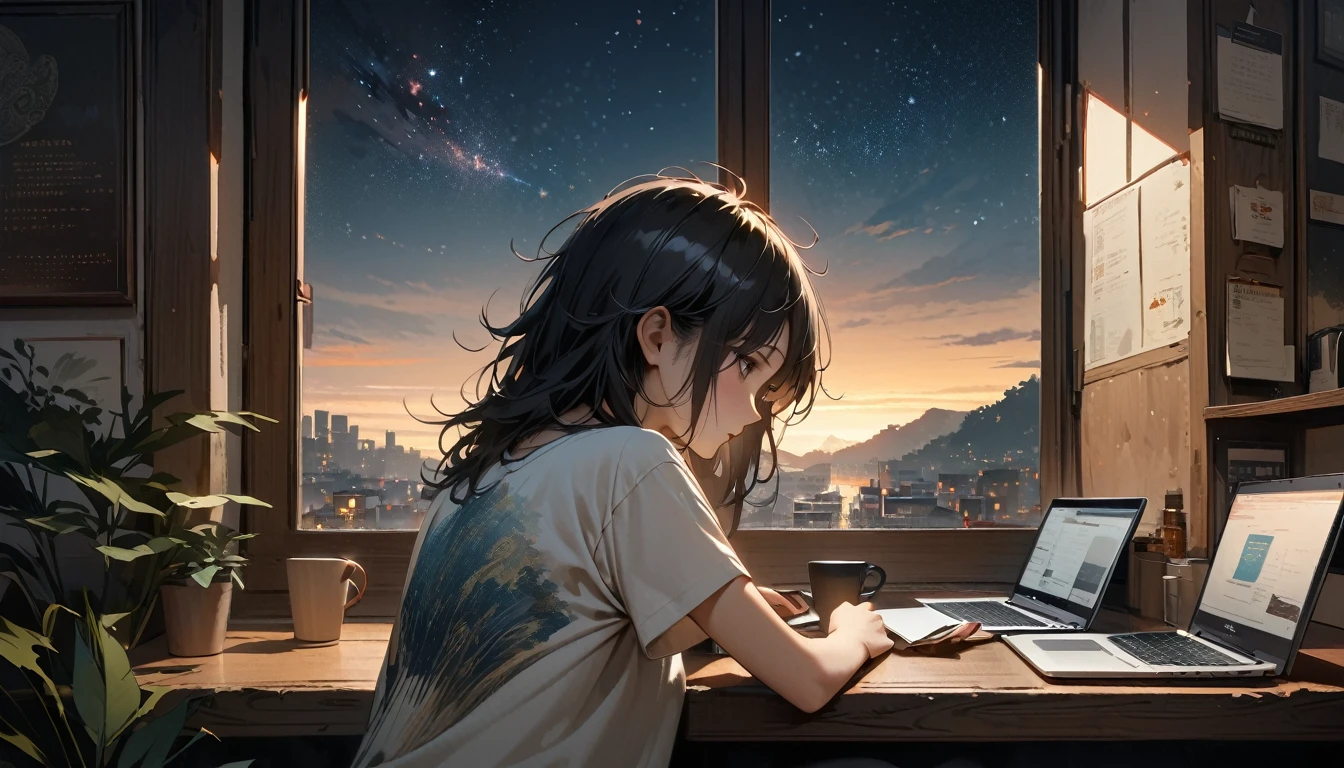 (((from behind))), ((8k of extremely detailed CG unit, Masterpiece, high resolution, highest quality, highest quality real texture skin)), (((indirect lighting))),  (((Cafe with a calm atmosphere))), (((Big window with night sky))), ((Drinking coffee)),  ((1 girl)), ((laptop)), (Japanese pattern T-shirt, denim), (Black hair, messy hair, beige skin), (surreal, digital painting)