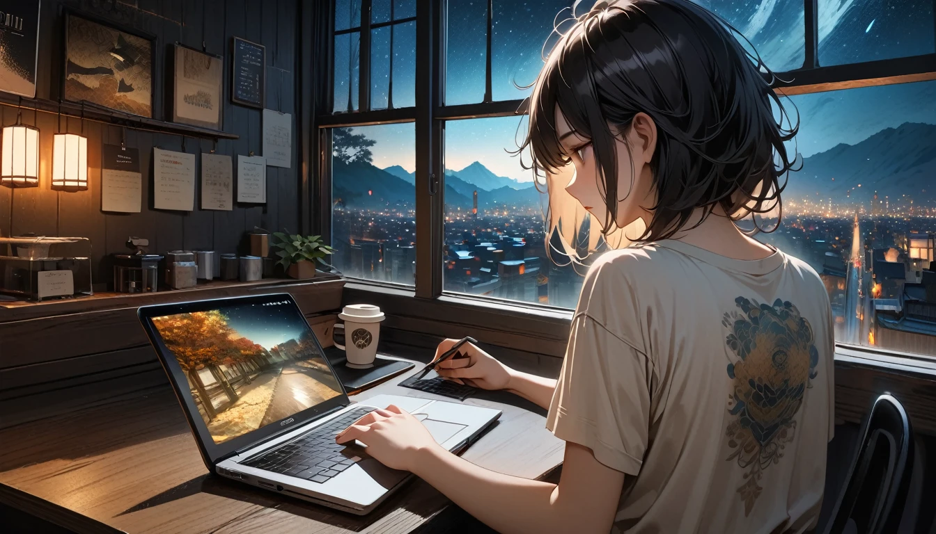 (((from behind))), ((8k of extremely detailed CG unit, Masterpiece, high resolution, highest quality, highest quality real texture skin)), (((indirect lighting))), (((Cafe with a calm atmosphere))), (((Big window with night sky))), ((Drinking coffee)), ((1 girl)), ((laptop)), (Japanese pattern T-shirt, denim), (Black hair, messy hair, beige skin), (surreal, digital painting)