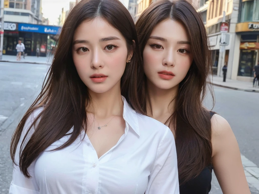 ((Highest quality, 8K, masterpiece :1.3)), Sharp focus :1.2, Beautiful woman with perfect figure :1.4, Slim Abs :1.2, ((Dark brown hair, Big Breasts :1.2)), (White button-up long shirt :1.1), City Street:1.2, Highly detailed face and skin texture, Fine grain, double eyelid