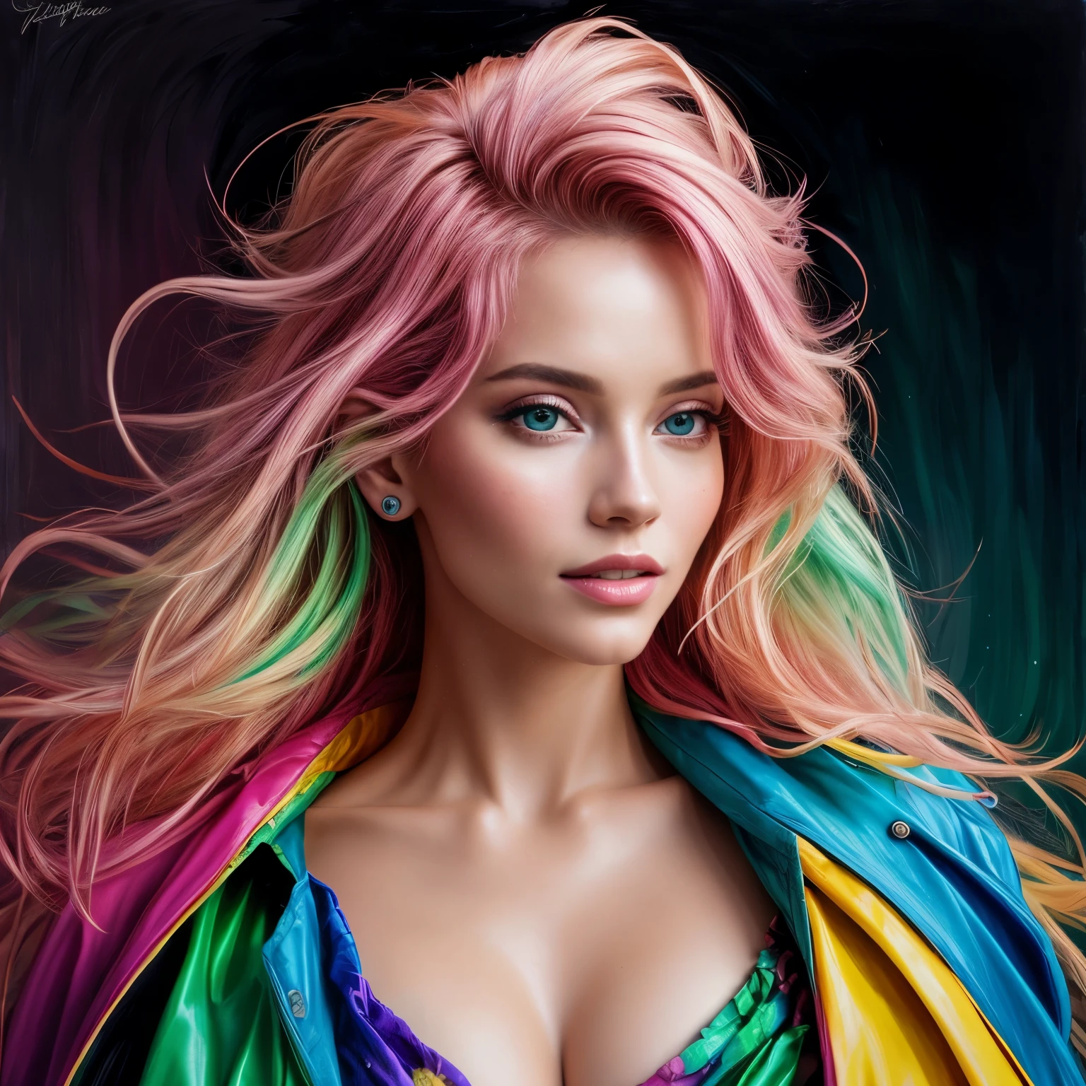 Beautiful and colorful woman: 35 years old woman, Messy hair, oil painting, beautiful and face perfect with soft skin, face perfect, pink green cores, light and violet magnetic additions, light red additions, doctor, wearing doctor's coat or suit holding on lap intricate details home screen masterpiece in 8k resolution beautiful face photorealistic digital painting artstation smooth fluid black paint: Photorealistic masterpiece in 8K resolution: Intricately detailed gouache painting fluid: by John Baptist Mongue: handwriting : acrylic: water color art, professional photograpy, natural lighting, volumetric lighting maximalist photo illustration: by marton bobzert: complex, chic, expansive, Fantastic