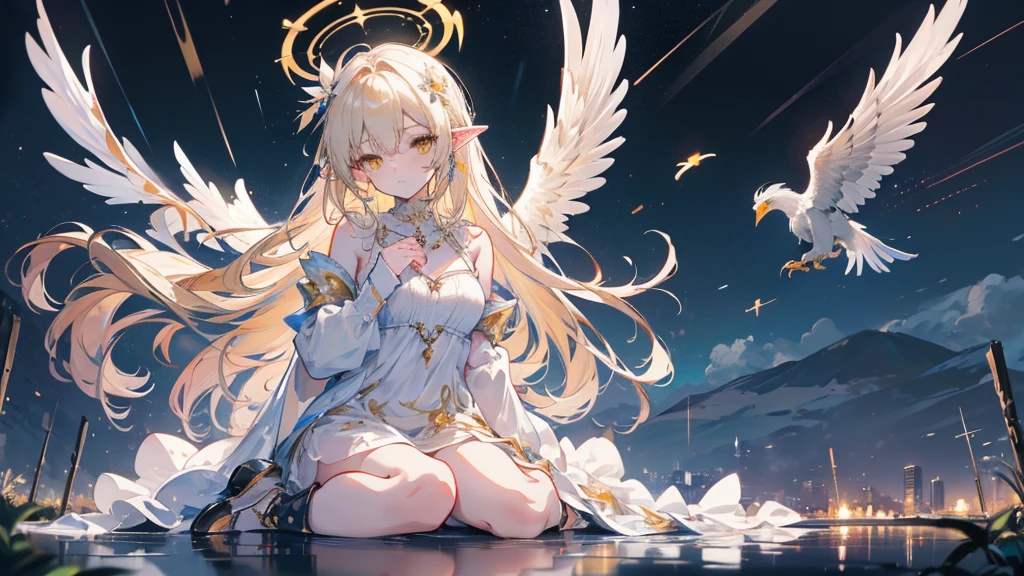 (((masterpiece))), (((Highest quality)))), Official Art, Highly detailed CG Unity 8k wallpaper, ((sketch))), night, rain, Beautifully detailed skies, Galactic,Starry sky background,Beautiful detailed water, Game CG, Huge file sizes, sketch, solo, Angelic, Long white hair, Blonde, Wet Hair, Hair between the eyes, Hair behind the ear, White eyelashes, Beautiful and fine details, Expressionless eyes, Yellow Eyes, Half closed eyes, shoes, Halo, Cross Necklace, Looking down, Sit, Grab my leg, Hair fluttering, Feather ornament, Leaf hair ornament, In the woods, Lakeside, ((Big Chest))), ((( White))), Long sleeves, bandage, White eye patch, Elf Ears, (((big golden wings))), Phoenix