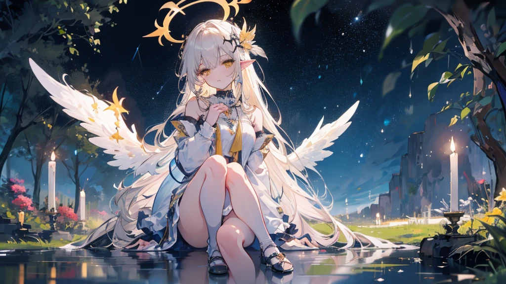 (((masterpiece))), (((Highest quality)))), Official Art, Highly detailed CG Unity 8k wallpaper, ((sketch))), night, rain, Beautifully detailed skies, Galactic,Starry sky background,Beautiful detailed water, Game CG, Huge file sizes, sketch, solo, Angelic, Long white hair, Blonde, Wet Hair, Hair between the eyes, Hair behind the ear, White eyelashes, Beautiful and fine details, Expressionless eyes, Yellow Eyes, Half closed eyes, shoes, Halo, Cross Necklace, Looking down, Sit, Grab my leg, Hair fluttering, Feather ornament, Leaf hair ornament, In the woods, Lakeside, ((Big Chest))), ((( White))), Long sleeves, bandage, White eye patch, Elf Ears, (((big golden wings))), Phoenix