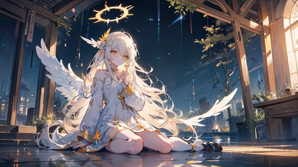 (((masterpiece))), (((Highest quality)))), Official Art, Highly detailed CG Unity 8k wallpaper, ((sketch))), night, rain, Beautifully detailed skies, Galactic,Starry sky background,Beautiful detailed water, Game CG, Huge file sizes, sketch, solo, Angelic, Long white hair, Blonde, Wet Hair, Hair between the eyes, Hair behind the ear, White eyelashes, Beautiful and fine details, Expressionless eyes, Yellow Eyes, Half closed eyes, shoes, Halo, Cross Necklace, Looking down, Sit, Grab my leg, Hair fluttering, Feather ornament, Leaf hair ornament, In the woods, Lakeside, ((Big Chest))), ((( White))), Long sleeves, bandage, White eye patch, Elf Ears, (((big golden wings))), Phoenix