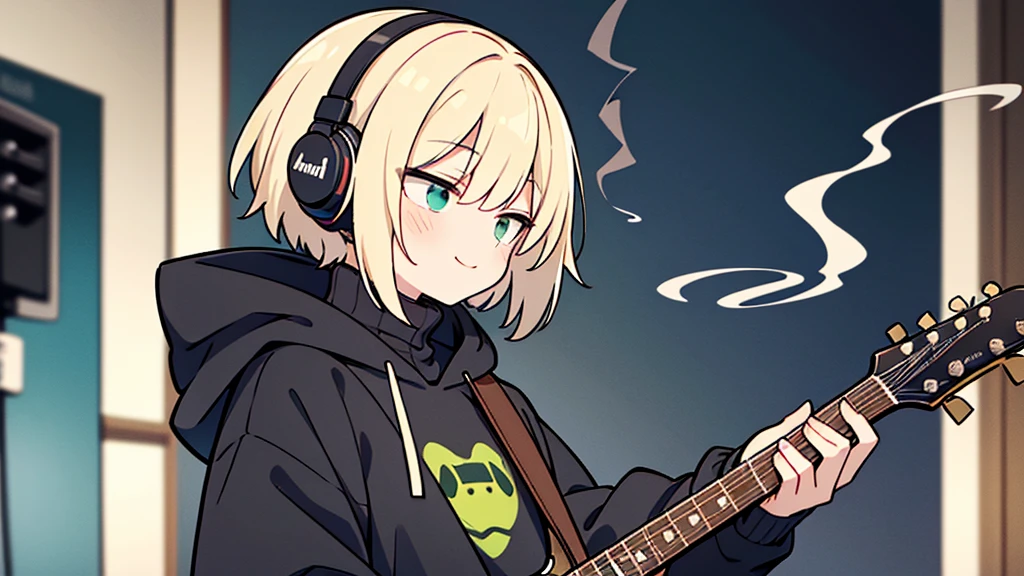 ((highest quality)), ((masterpiece)), (be familiar with), (Playing guitar in the studio)short hair、perfect face,white half-up hair,green mesh blonde、Smoke a cigarette、cool black hoodie,headphones,black gloves,turtleneck,alone,İcon、profile、Right beside、Expressionless、smile、Light-colored clothing