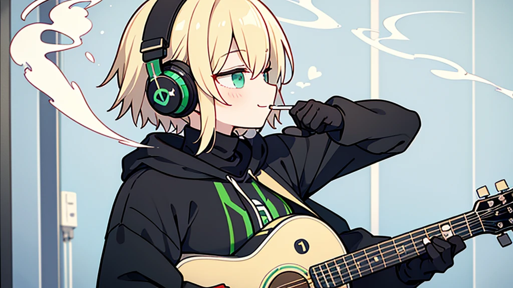 ((highest quality)), ((masterpiece)), (be familiar with), (Playing guitar in the studio)short hair、perfect face,white half-up hair,green mesh blonde、Smoke a cigarette、cool black hoodie,headphones,black gloves,turtleneck,alone,İcon、profile、Right beside、Expressionless、smile、Light-colored clothing