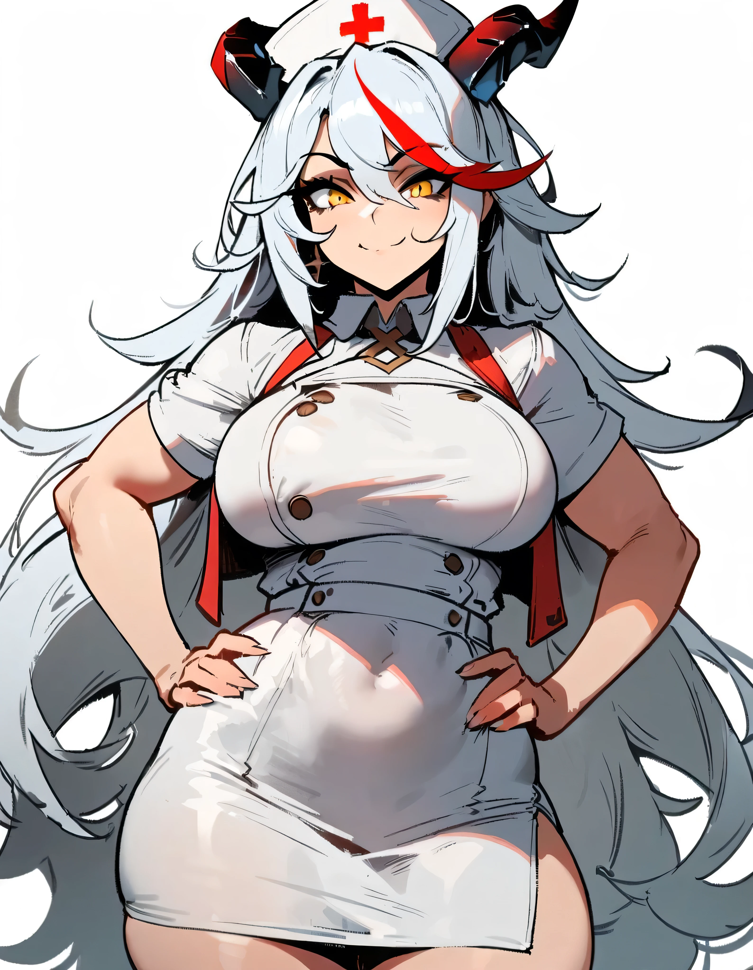 1girl, aegir \(azur lane\), azur lane \\\\\ masterpiece, best quality, very aesthetic, absurdres, newest \\\\\\ sportive body, \\\\\\ by nyantcha,,by cutesexyrobutts,by khyle ///// white hair with a single prominent red streak, black horns, yellow eyes, , white (nurse outfit:1.2), skirt, , white pencil skirt, nurse cap, , , a red cross on the cap, standing, (white background:1.2), rating general, horny smile, hands on hips