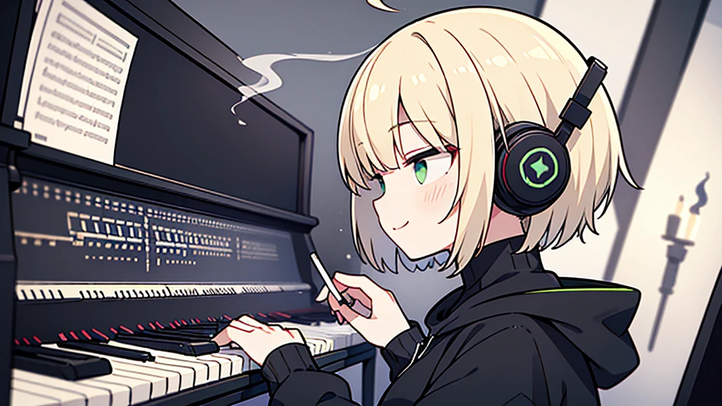 ((highest quality)), ((masterpiece)), (be familiar with), (Playing piano in the studio)short hair、perfect face,white half-up hair,green mesh blonde、Smoke a cigarette、cool black hoodie,headphones,black gloves,turtleneck,alone,İcon、profile、Right beside、Expressionless、smile、Light-colored clothing