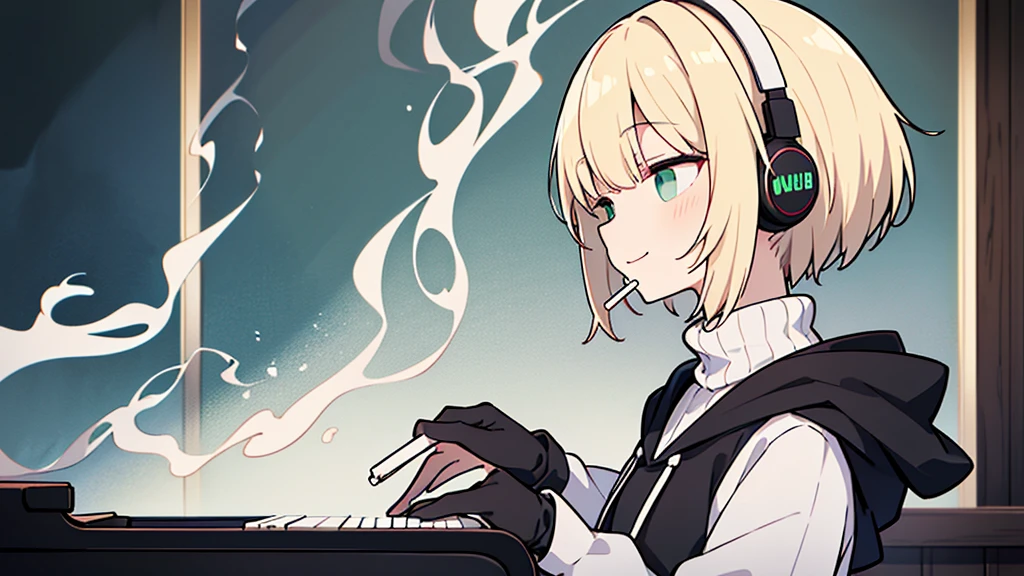 ((highest quality)), ((masterpiece)), (be familiar with), (Playing piano in the studio)short hair、perfect face,white half-up hair,green mesh blonde、Smoke a cigarette、cool black hoodie,headphones,black gloves,turtleneck,alone,İcon、profile、Right beside、Expressionless、smile、Light-colored clothing