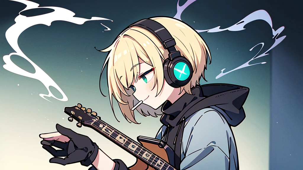 ((highest quality)), ((masterpiece)), (be familiar with), (Playing guitar in the studio)short hair、perfect face,white half-up hair,green mesh blonde、Smoke a cigarette、cool black hoodie,headphones,black gloves,turtleneck,alone,İcon、profile、Right beside、Expressionless、smile、Light-colored clothing