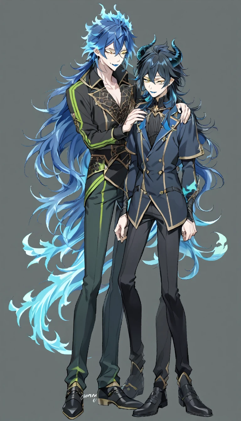 masterpiece, best quality, full body shot, (1nd boy, malleus draconia \(twisted wonderland\) horns, bishounen, boy, male, yana Toboso style, long hair, black hair, yellow green eyes, smile, gray lips, handsome, skinny, tall, yellow green glow, anime style), (2st boy,Idia Shroud, bishounen, boy, male, yana Toboso style, extremely long hair, blue hair, blue fire hair, wavy hair, yellow eyes, tired expression, blue lips, handsome, skinny, geeky, blue glow, shark teeth, anime style,) 2boy, bangs, lesbian+, small breast, (looking down at another:1.5), small breasts, late teens, (look at each other:1.5), (school uniform), A 18 year old, somewhat muscular male, (Note: The human body should be accurately depicted biologically and anatomically.) Two men are hugging each , looking at viewer,