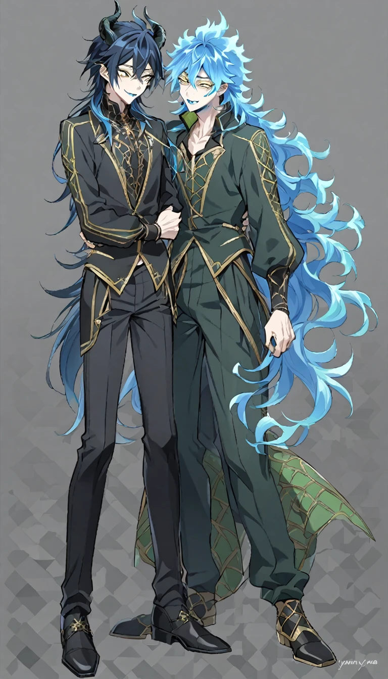 masterpiece, best quality,  full body shot, (1nd boy, malleus draconia \(twisted wonderland\) horns, bishounen, boy, male, yana Toboso style, long hair, black hair, yellow green eyes, smile, gray lips, handsome, skinny, tall, yellow green glow, anime style),  (2st boy,Idia Shroud, bishounen, boy, male, yana Toboso style, extremely long hair, blue hair, blue fire hair, wavy hair, yellow eyes, tired expression, blue lips, handsome, skinny,  geeky, blue glow, shark teeth, anime style,) 2boy, bangs, lesbian+, small breast, (looking down at another:1.5), small breasts, late teens, (look at each other:1.5), (school uniform), A 18 year old, somewhat muscular male, (Note: The human body should be accurately depicted biologically and anatomically.) Two men are hugging each , looking at viewer,