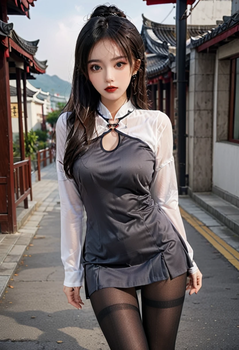 outdoor,Scenes,Gray clothes, Cleavage,Long legs, cosmetic, (Lipstick: 1.1), (Eyeliner: 1.2), mascara, Eyeshadow, earrings, necklace, Black tights, full-body shot,A Chinese woman,18 years old,big eyes,elegant temperament elegant temperament,(masterpiece:1.2, best quality), Practical, ( Intricate details, Depth of Field,High target neck clothes), careful, The content is very detailed, This is a perfect face, Perfect body, Large Model, Mature woman, High target, Leg length,Black silk garter,8K,best quality, masterpiece, Ultra-high resolution,(lifelike:1.4), original photo, Stay focused, detailed, dramatic, Exquisite beautiful woman, (tall and straight:1.1),(Fat goddess desetallic high leg high collar dress mini skirt:1.0),(High target collar fitted skirt),half butterfly earrings, double ring necklace, (:1.05), (65 years old, : 1.4), cosmetic, (Lipstick: 1.1), (Eyeliner: 1.2), mascara, Eyeshadow, Long curly hair, Dynamic Angle, (Red lips)Beautiful graphics, Thigh long,Random Color Greasy Reflective Tights, Scenes,Fishnet stockings,Red high heels