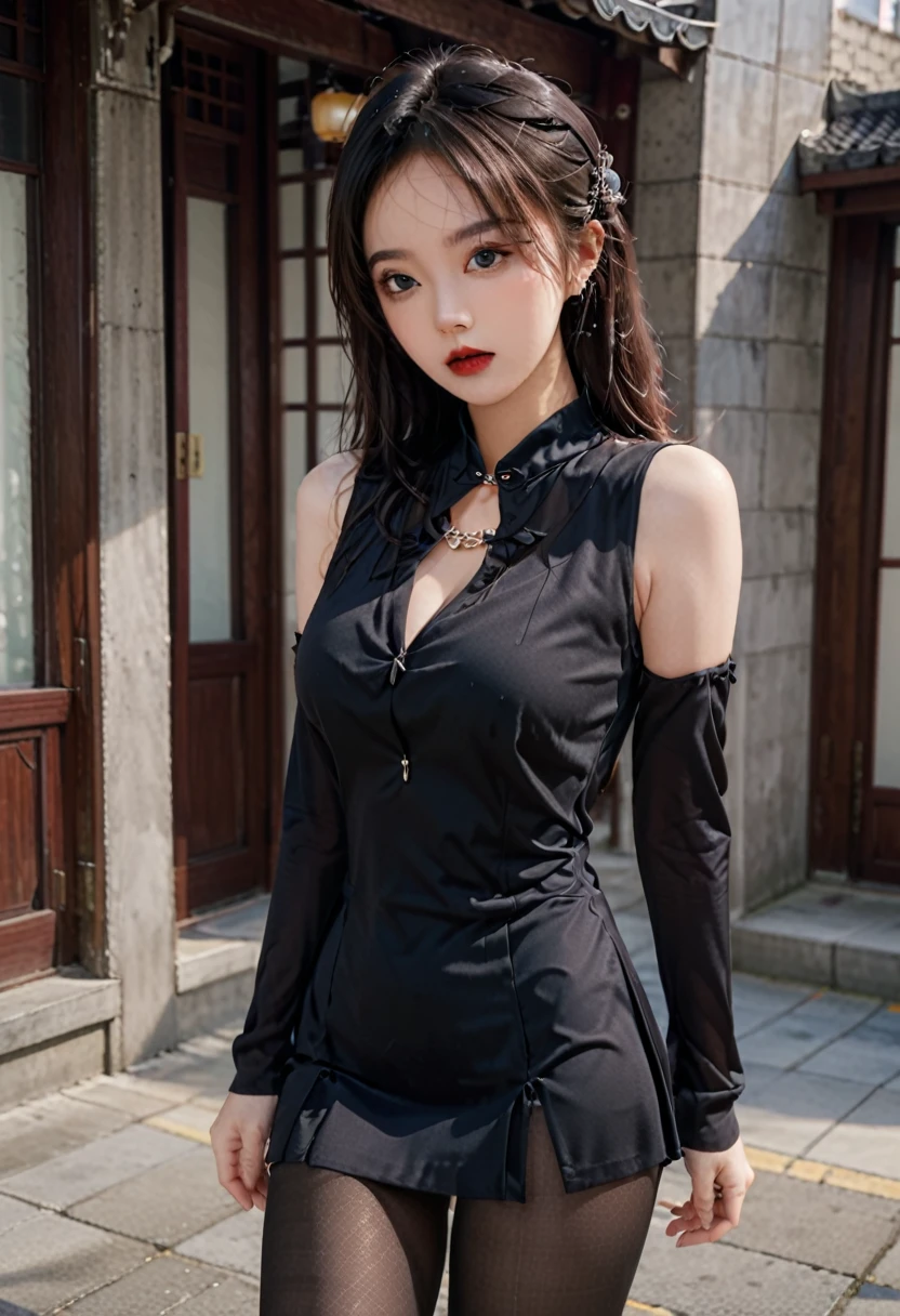 outdoor，Scenes，Gray clothes, Cleavage,Long legs, cosmetic, (Lipstick: 1.1), (Eyeliner: 1.2), mascara, Eyeshadow, earrings, necklace, Black tights, full-body shot，A Chinese woman，18 years old，big eyes，elegant temperament elegant temperament，(masterpiece:1.2, best quality), Practical, ( Intricate details, Depth of Field，High target neck clothes), careful, The content is very detailed, This is a perfect face, Perfect body, Large Model, Mature woman, High target, Leg length,Black silk garter，8K,best quality, masterpiece, Ultra-high resolution,(lifelike:1.4), original photo, Stay focused, detailed, dramatic, Exquisite beautiful woman, (tall and straight:1.1),(Fat goddess desetallic high leg high collar dress mini skirt:1.0),(High target collar fitted skirt),half butterfly earrings, double ring necklace, (:1.05), (65 years old, : 1.4), cosmetic, (Lipstick: 1.1), (Eyeliner: 1.2), mascara, Eyeshadow, Long curly hair, Dynamic Angle, (Red lips)Beautiful graphics, Thigh long，Random Color Greasy Reflective Tights, Scenes，Fishnet stockings，Red high heels