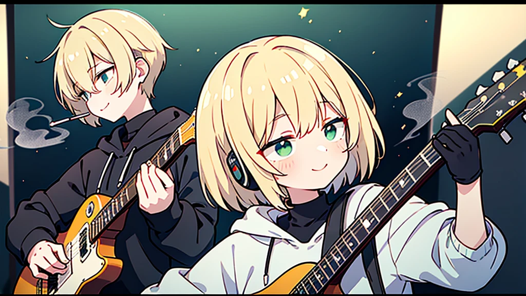 ((highest quality)), ((masterpiece)), (be familiar with), (Playing guitar in the studio)short hair、perfect face,white half-up hair,green mesh blonde、Smoke a cigarette、cool black hoodie,headphones,black gloves,turtleneck,alone,İcon、profile、Right beside、Expressionless、smile、Light-colored clothing