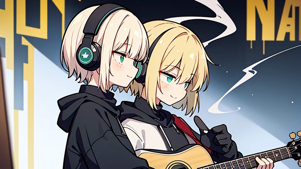 ((highest quality)), ((masterpiece)), (be familiar with), (Playing guitar in the studio)short hair、perfect face,white half-up hair,green mesh blonde、Smoke a cigarette、cool black hoodie,headphones,black gloves,turtleneck,alone,İcon、profile、Right beside、Expressionless、smile、Light-colored clothing