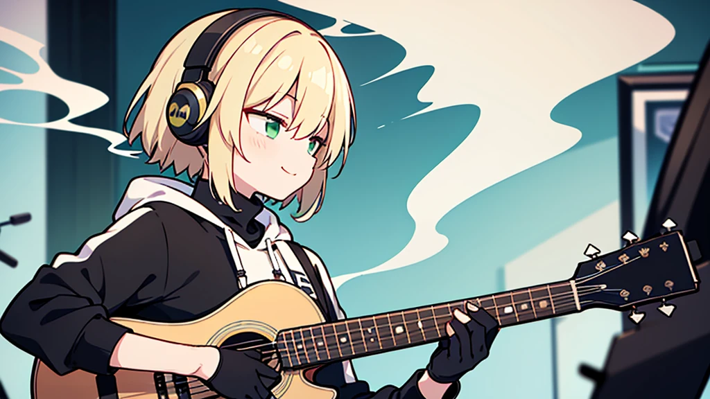 ((highest quality)), ((masterpiece)), (be familiar with), (Playing guitar in the studio)short hair、perfect face,white half-up hair,green mesh blonde、Smoke a cigarette、cool black hoodie,headphones,black gloves,turtleneck,alone,İcon、profile、Right beside、Expressionless、smile、Light-colored clothing