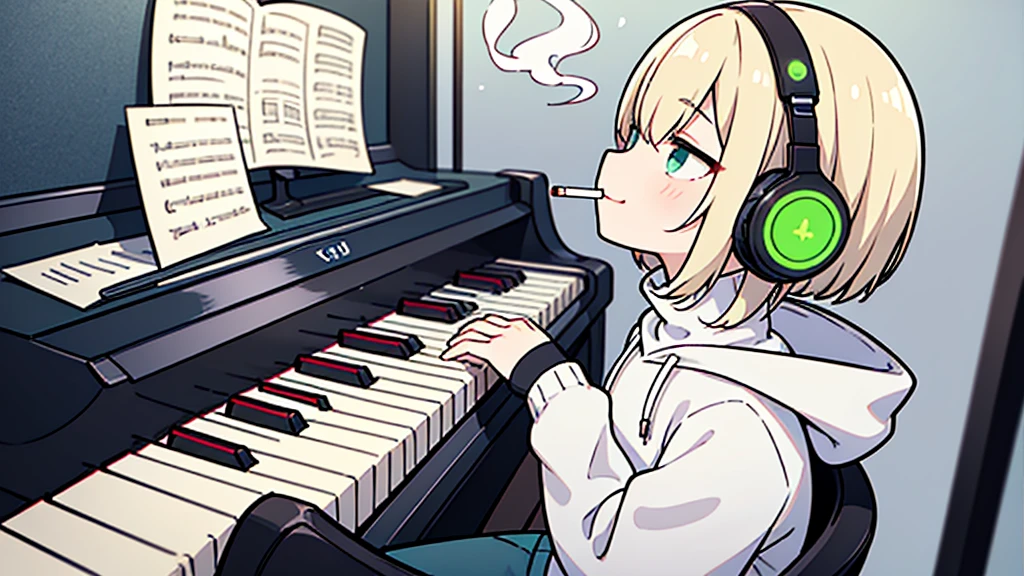 ((highest quality)), ((masterpiece)), (be familiar with), (Playing piano in the studio)short hair、perfect face,white half-up hair,green mesh blonde、Smoke a cigarette、cool black hoodie,headphones,black gloves,turtleneck,alone,İcon、profile、Right beside、Expressionless、smile、Light-colored clothing