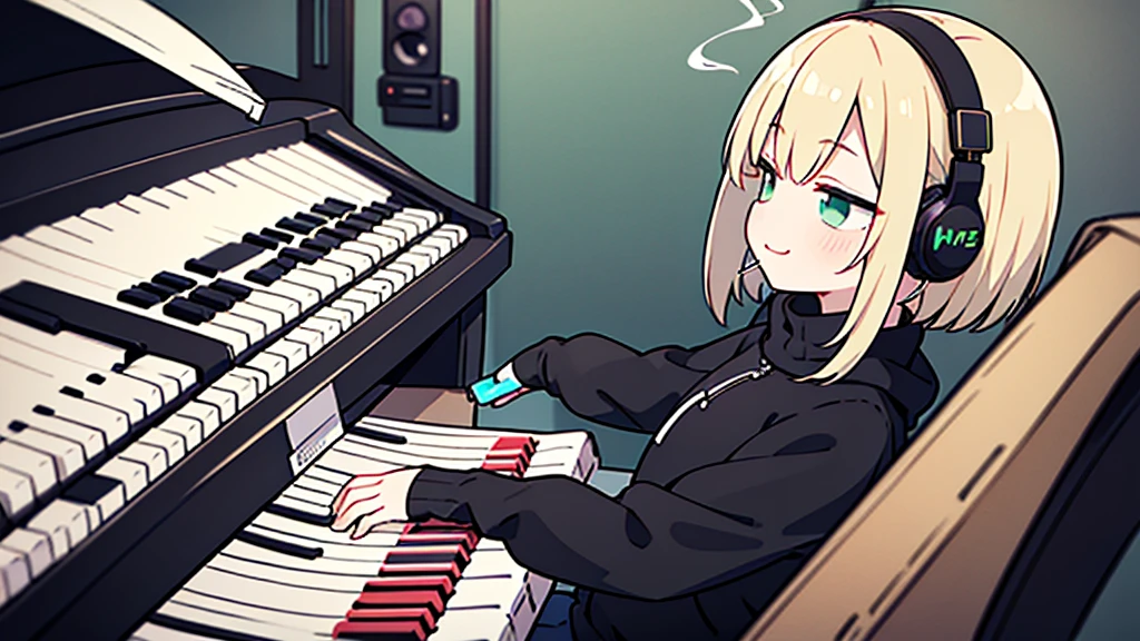 ((highest quality)), ((masterpiece)), (be familiar with), (Playing piano in the studio)short hair、perfect face,white half-up hair,green mesh blonde、Smoke a cigarette、cool black hoodie,headphones,black gloves,turtleneck,alone,İcon、profile、Right beside、Expressionless、smile、Light-colored clothing