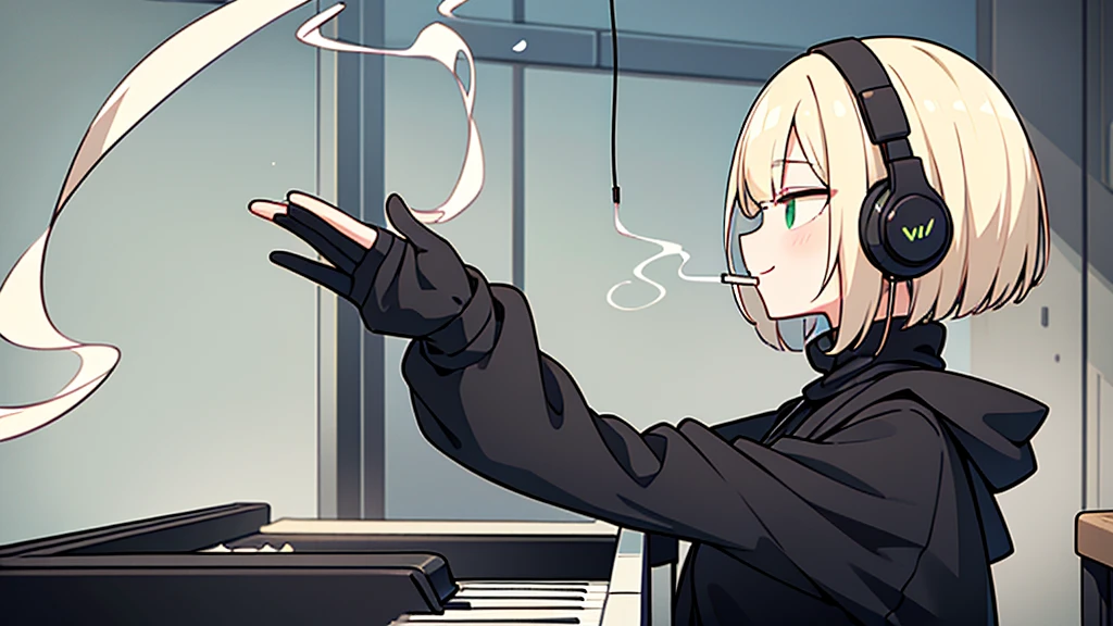 ((highest quality)), ((masterpiece)), (be familiar with), (Playing piano in the studio)short hair、perfect face,white half-up hair,green mesh blonde、Smoke a cigarette、cool black hoodie,headphones,black gloves,turtleneck,alone,İcon、profile、Right beside、Expressionless、smile、Light-colored clothing