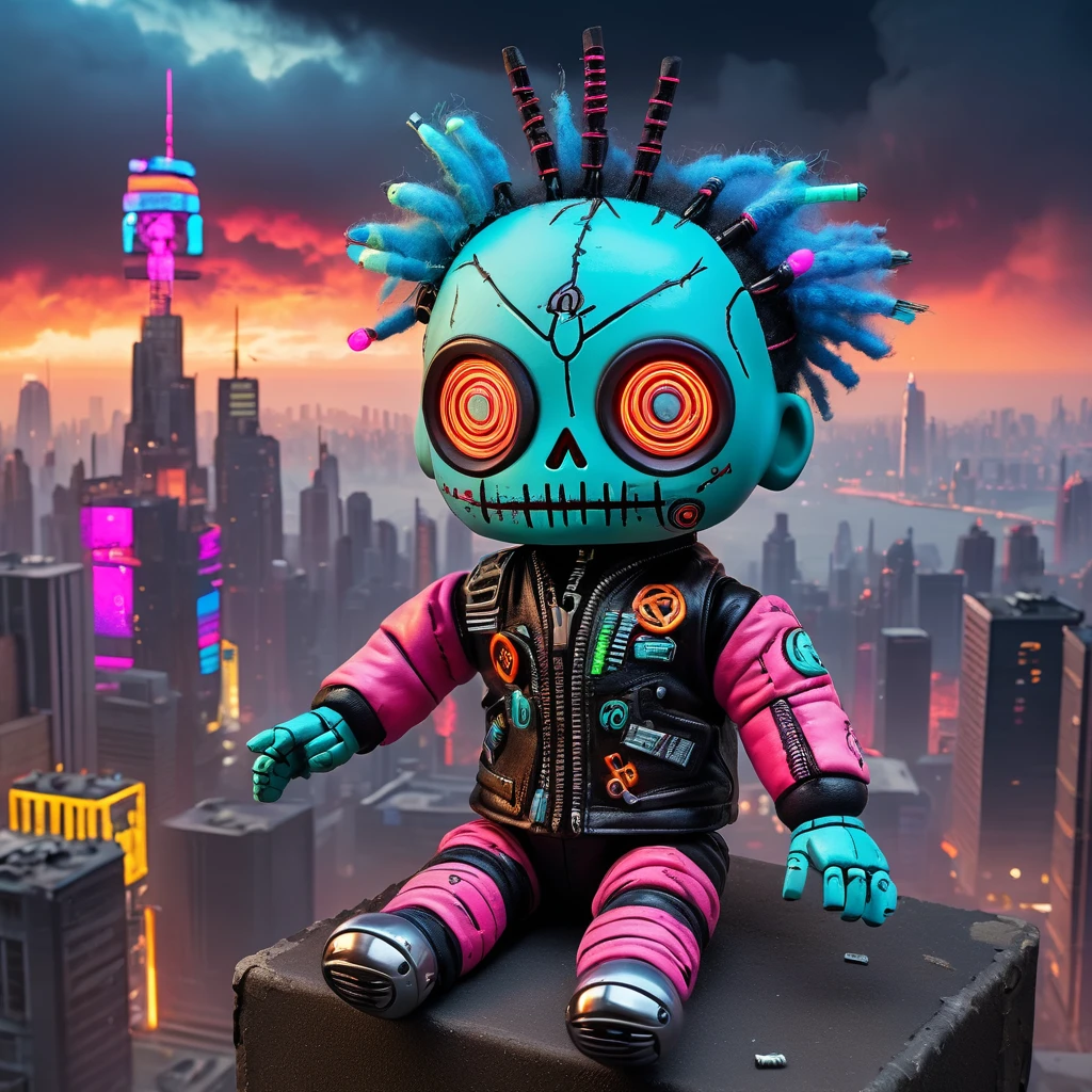 (knitted toy voodoo doll:1.7), (Voodoo Cyberpunk:1.3), (Clothing neon leather jacket with cybernetic implants, glowing glasses:1.4), (background post-apocalyptic cityscape with crumbling skyscrapers and sky filled with smog:1.6) best quality, masterpiece, detailed soft oil painting, detailed background, dramatic cinematic lighting, soft edge lighting, professional, dramatic lighting, hard edge lighting, ultra quality, 4k,masterpiece, best quality, 8k, ultra highres, highres, extremely detailed