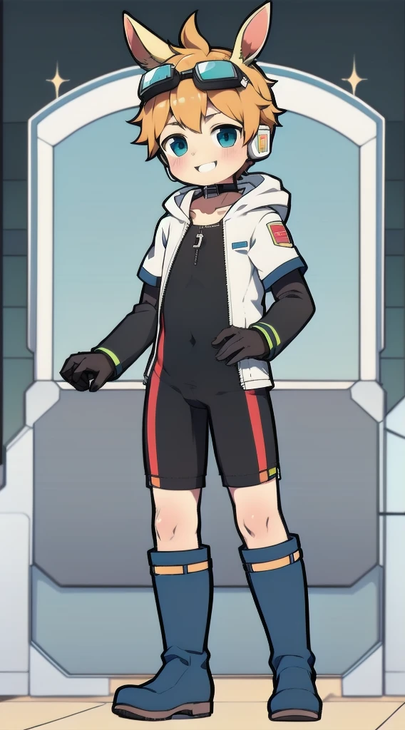 2D Boy Shota,One-piece mountaineering suit,Slim, healthy body,Put the headphones on your head,stand up,goggles,Rabbit ears,happy,Sailor collar,tie,Zipper pulled down,boots
