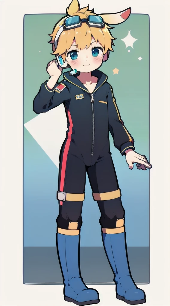 2D Boy Shota,One-piece mountaineering suit,Slim, healthy body,Put the headphones on your head,stand up,goggles,Rabbit ears,happy,Sailor collar,tie,Zipper pulled down,boots