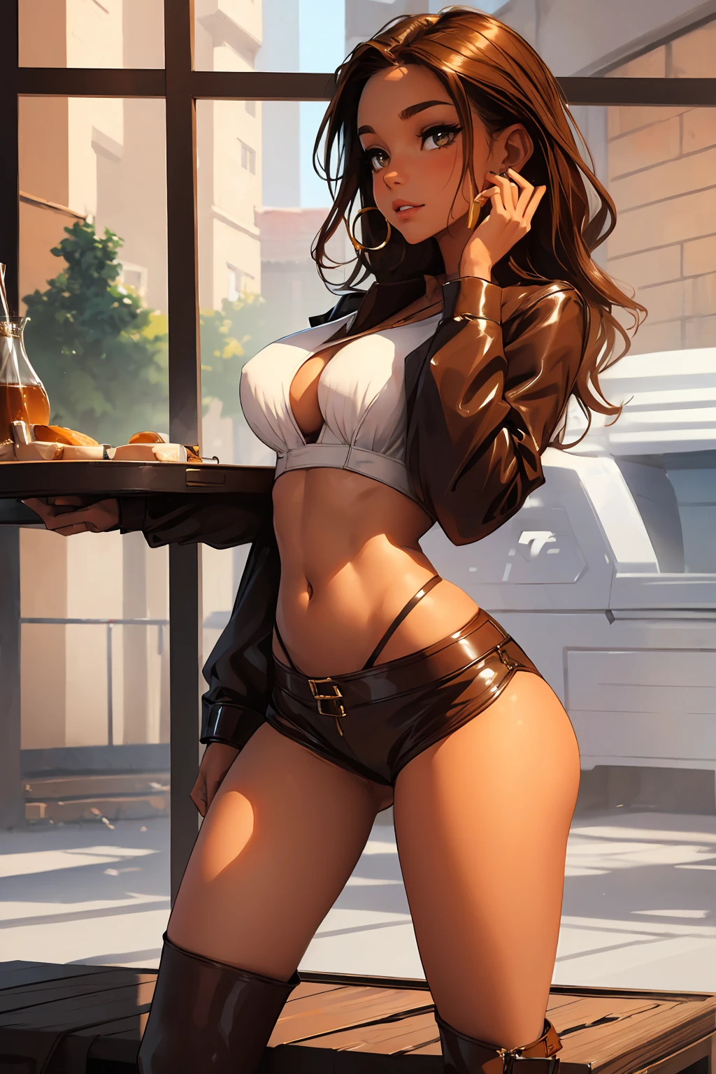 (masterpiece), best quality, expressive eyes, perfect face, (tavern background), (standing), (smirk), (closeup view), (1girl, vanessa alessia, dark skin, tanned skin, brown hair, wavy hairstyle, brown eyes, hourglass figure, thin body, skinny body, petite_body, medium breasts, thick thighs, long fingernails, white front lace blouse, long sleeve, loose fit, brown leather corset, brown leather shorts, brown boots, , flintlock pistol in holster, hoop earrings, miscellaneous jewelry),  big breasts, stripping, elegant makeup, exhibitionism, naked in public, , slim thighs, toned body, shiny skin, sexy pose,narrow hips, wearing high hip thong and see-through top, amber eyes, (girl stripping on table), (v arms)