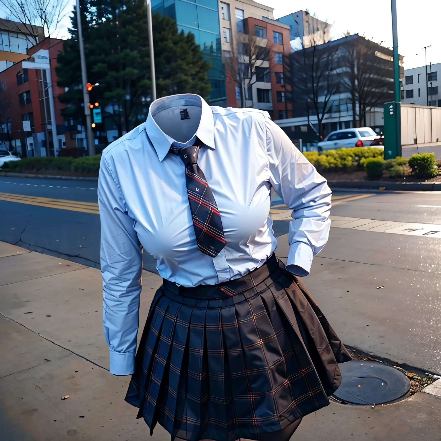 leaning forward, school blazer, plaid skirt, stripe tie, fat, cute big breasts, (invisible, no human, headless, handless:1.5)
