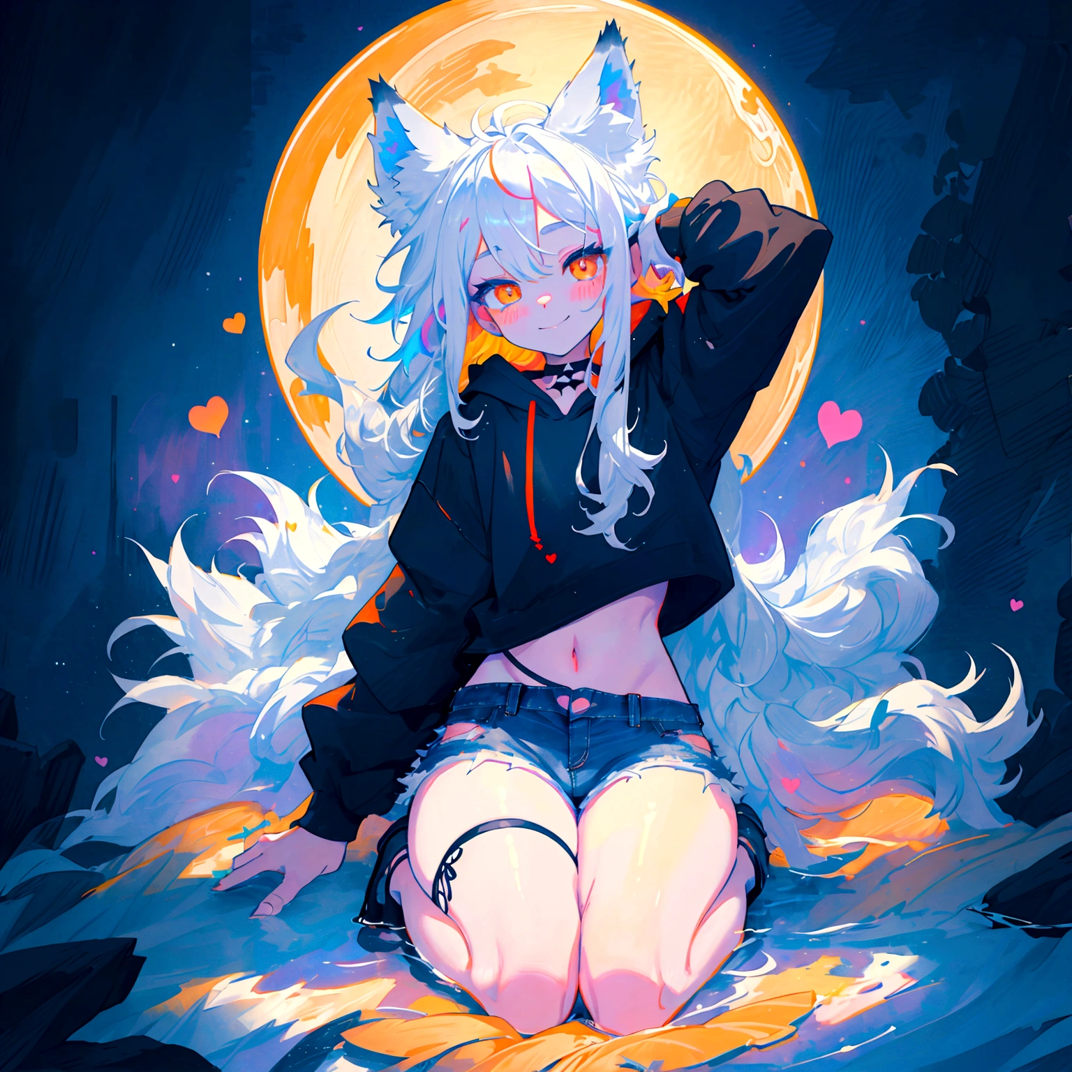 a cute adult male with wolf ears, long white hair, long locks, has a wolf tail, wearing a loose cropped black hoodie, wearing a pair of denim short shorts and fishnet stockings, thick thighs, wide hips, relaxing on mound of fluffy multi colored kawaii plushies, short, very slim, showing slender tummy, heart on hoodie, squishy thighs, has glowing blue eyes. alone, solo (ALONE)(SOLO), surrounded by rainbows, colorful galaxy backround, smiling, stretching out