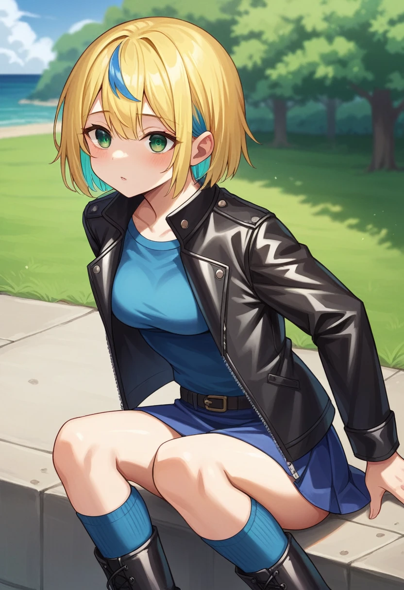 ((Best quality)), ((very detailed)), masterpiece, (detailed eyes, deep eyes), (1 girl), upper body, Sunsetman, (multicolored hair, (two tone hair:1.1), red and blonde hair), BREAK, sea green eyes, Open cropped leather jacket, black jacket, clavicle, blue shirt, blue knee socks, very short skirt , boots, outside, in the park, yellow