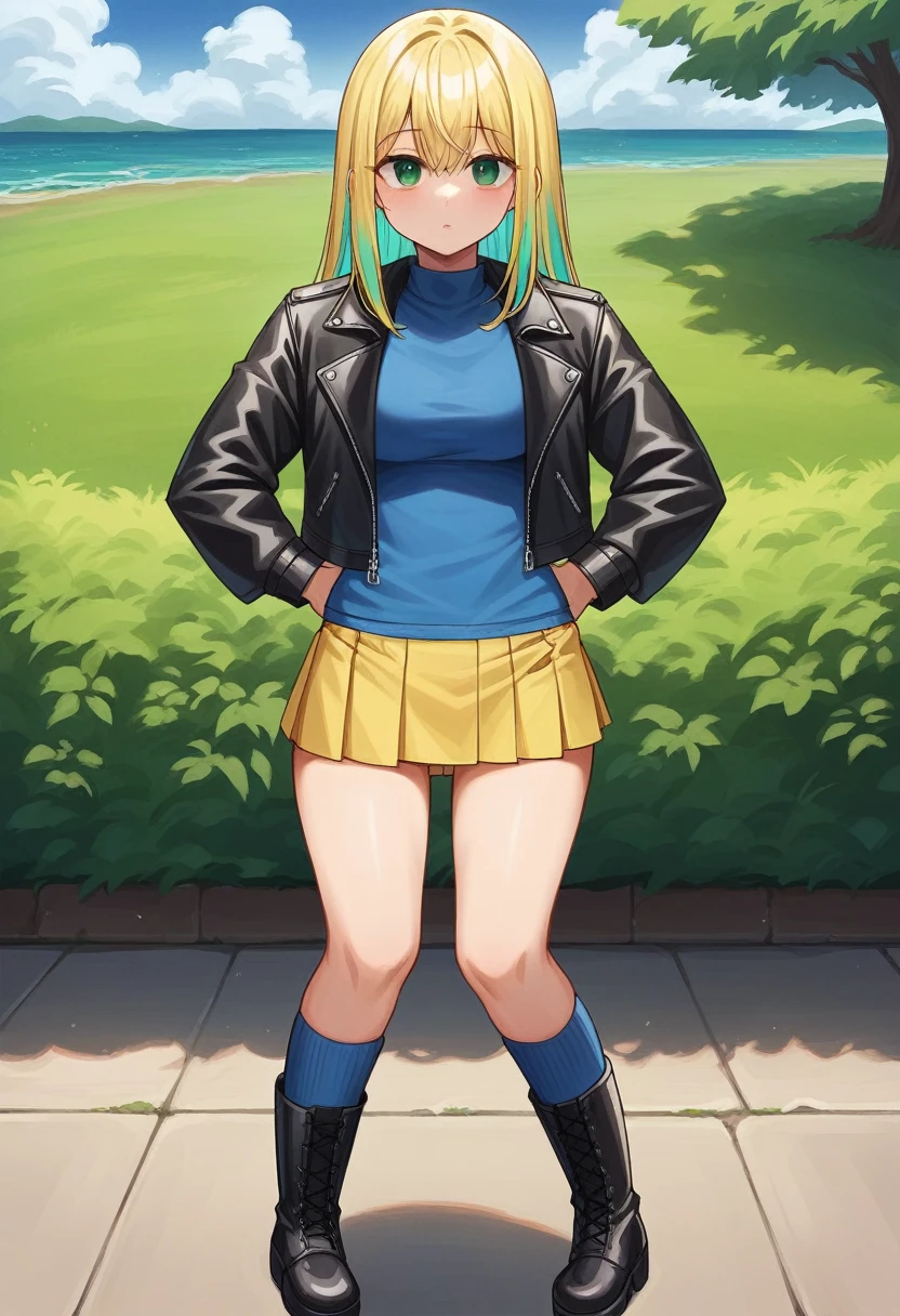 ((Best quality)), ((very detailed)), masterpiece, (detailed eyes, deep eyes), (1 girl), upper body, Sunsetman, (multicolored hair, (two tone hair:1.1), red and blonde hair), BREAK, sea green eyes, Open cropped leather jacket, black jacket, clavicle, blue shirt, blue knee socks, very short skirt , boots, outside, in the park, yellow panties