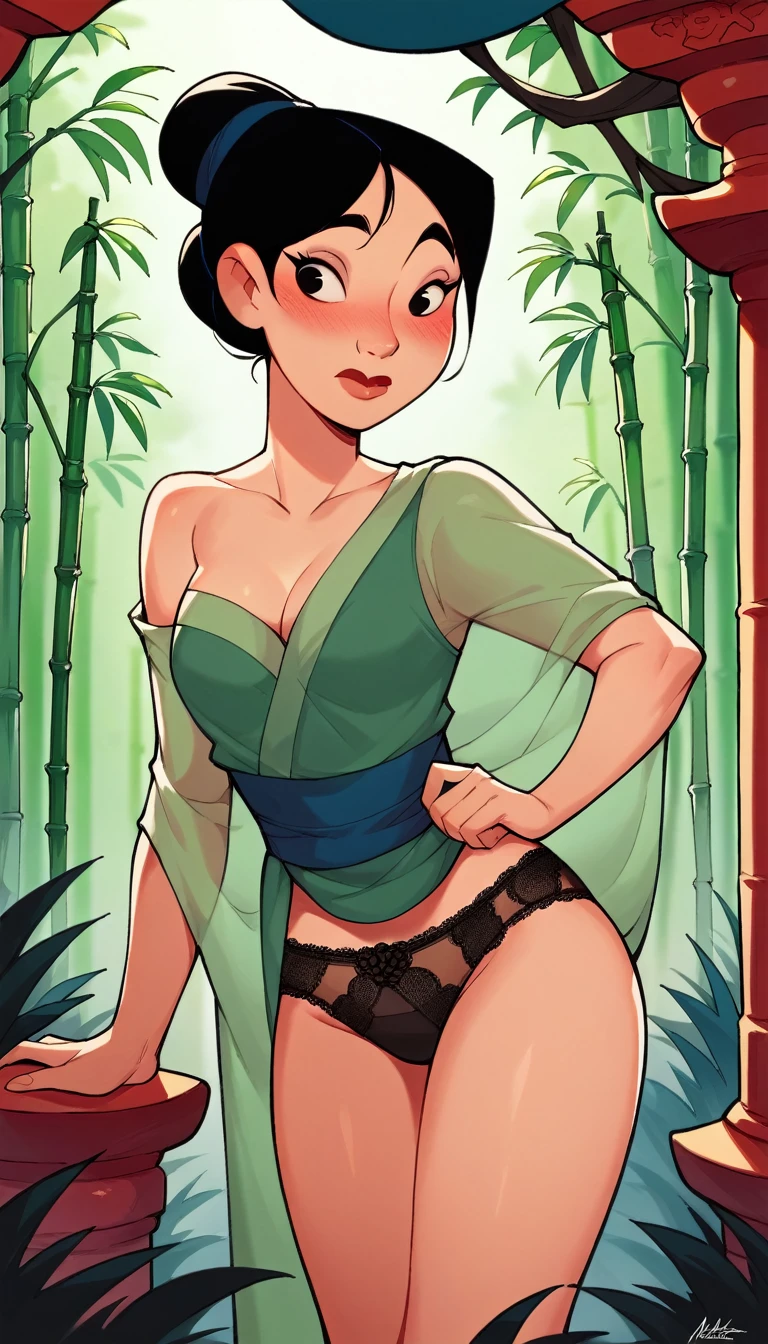 score_9, score_8_climb, score_7_climb, score_6_climb, MulanXLP, Single hair bun,blushing, black lace underwear ,see through ,,Medium bust,,sexually suggestive,Chinese temple, bamboo forest ,disney, Dutch corner,
