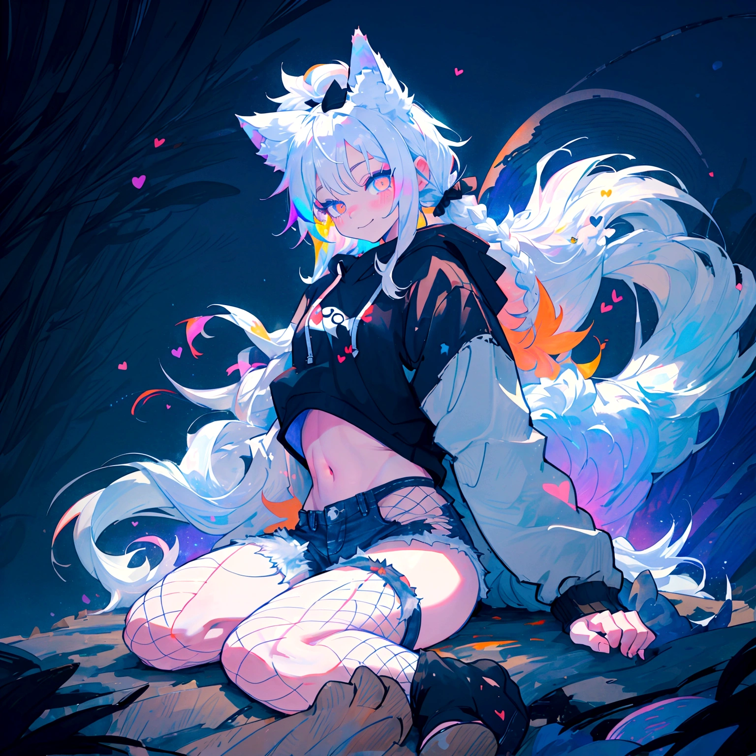 a cute adult male with wolf ears, long white hair, long locks, has a wolf tail, wearing a loose cropped black hoodie, wearing a pair of denim short shorts and fishnet stockings, thick thighs, wide hips, relaxing on mound of fluffy multi colored kawaii plushies, short, very slim, showing slender tummy, heart on hoodie, squishy thighs, has glowing blue eyes. alone, solo (ALONE)(SOLO), surrounded by rainbows, colorful galaxy backround, smiling, stretching out