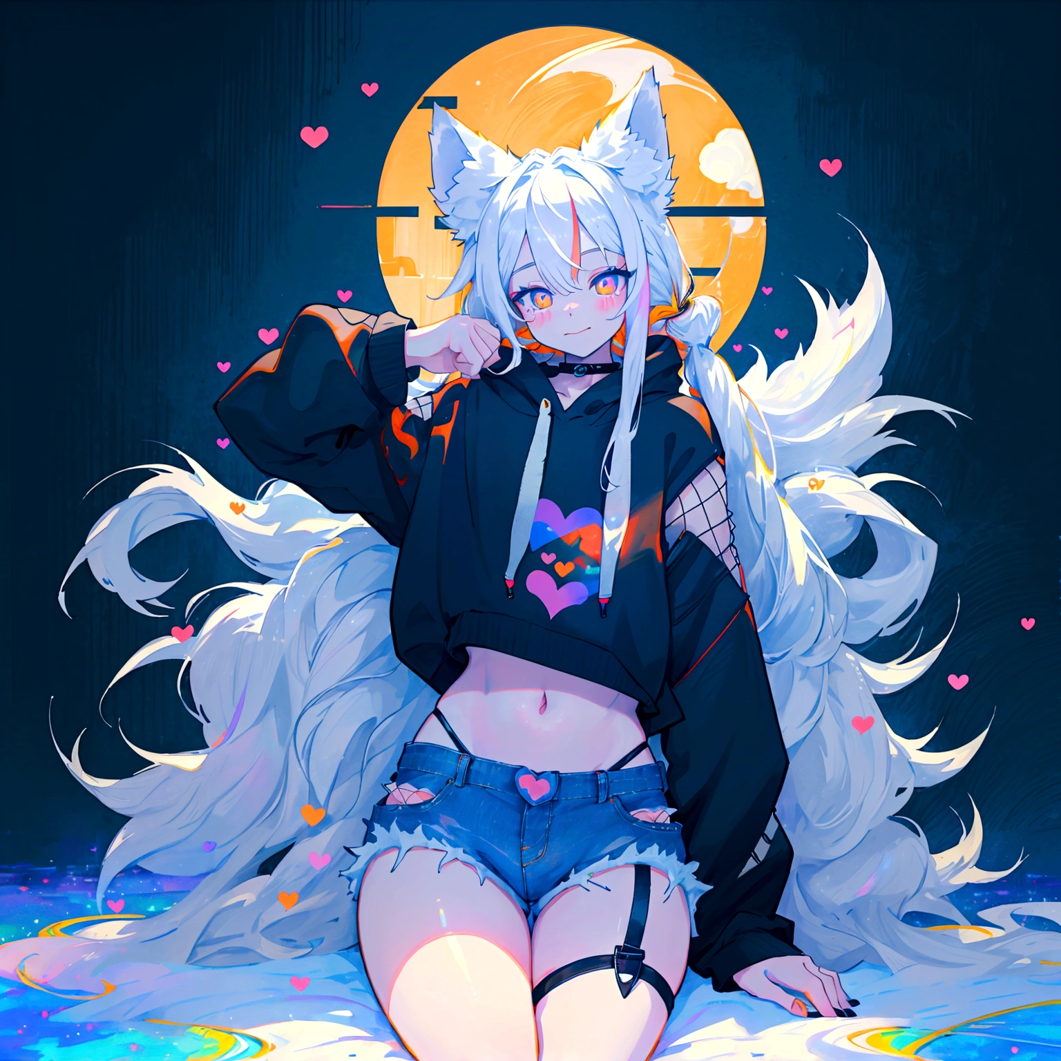 a cute adult male with wolf ears, long white hair, long locks, has a wolf tail, wearing a loose cropped black hoodie, wearing a pair of denim short shorts and fishnet stockings, thick thighs, wide hips, relaxing on mound of fluffy multi colored kawaii plushies, short, very slim, showing slender tummy, heart on hoodie, squishy thighs, has glowing blue eyes. alone, solo (ALONE)(SOLO), surrounded by rainbows, colorful galaxy backround, smiling, stretching out