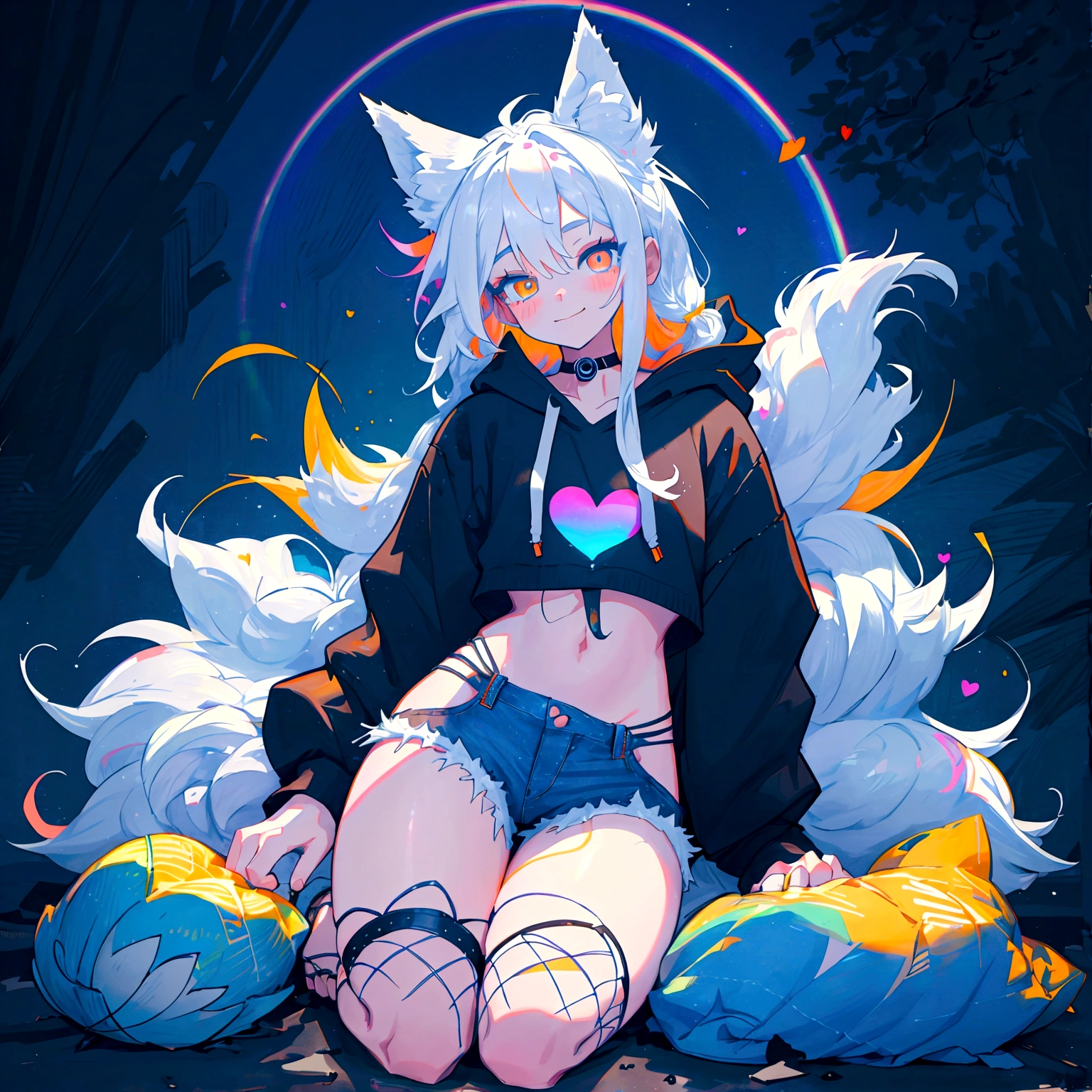 a cute adult male with wolf ears, long white hair, long locks, has a wolf tail, wearing a loose cropped black hoodie, wearing a pair of denim short shorts and fishnet stockings, thick thighs, wide hips, relaxing on mound of fluffy multi colored kawaii plushies, short, very slim, showing slender tummy, heart on hoodie, squishy thighs, has glowing blue eyes. alone, solo (ALONE)(SOLO), surrounded by rainbows, colorful galaxy backround, smiling, stretching out