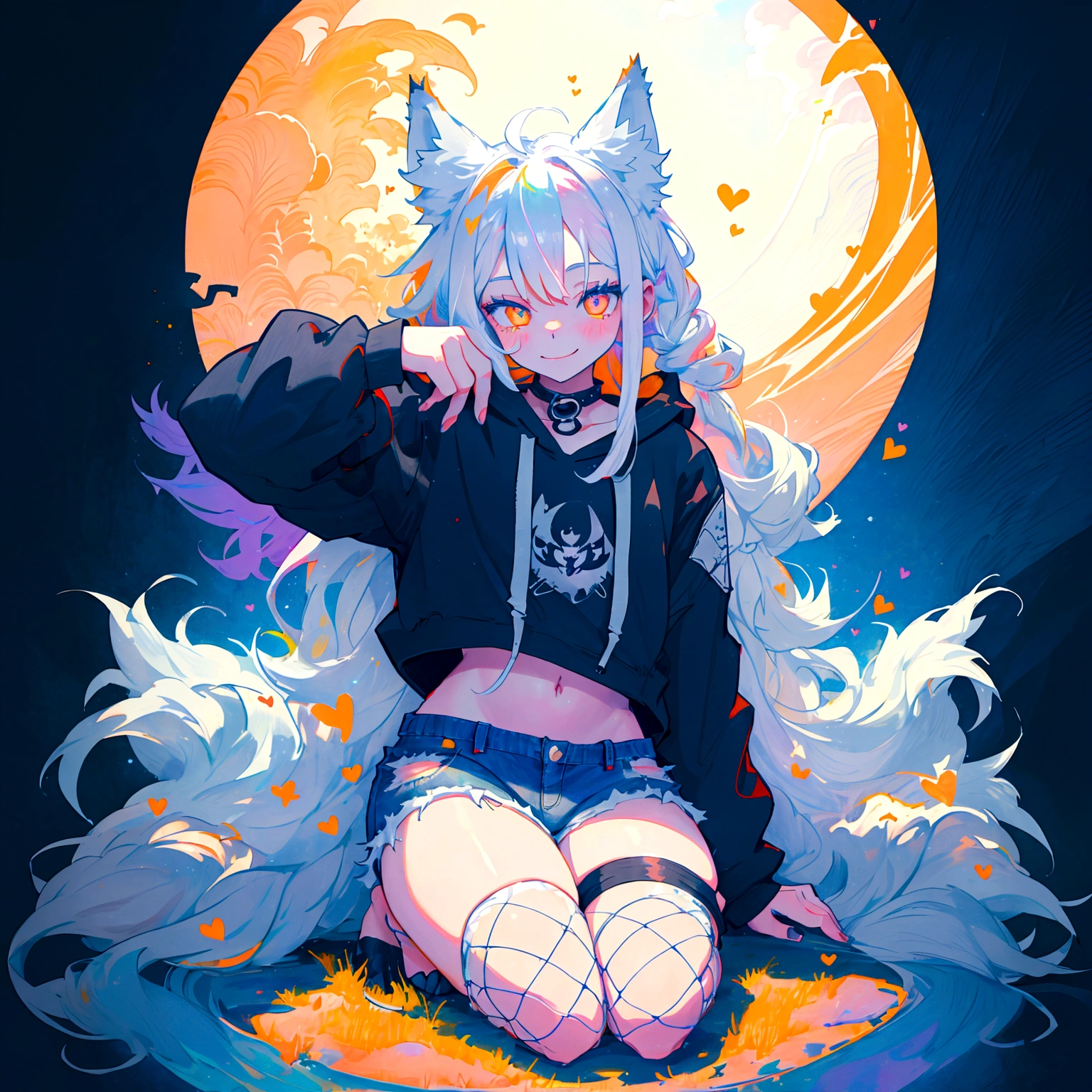 a cute adult male with wolf ears, long white hair, long locks, has a wolf tail, wearing a loose cropped black hoodie, wearing a pair of denim short shorts and fishnet stockings, thick thighs, wide hips, relaxing on mound of fluffy multi colored kawaii plushies, short, very slim, showing slender tummy, heart on hoodie, squishy thighs, has glowing blue eyes. alone, solo (ALONE)(SOLO), surrounded by rainbows, colorful galaxy backround, smiling, stretching out