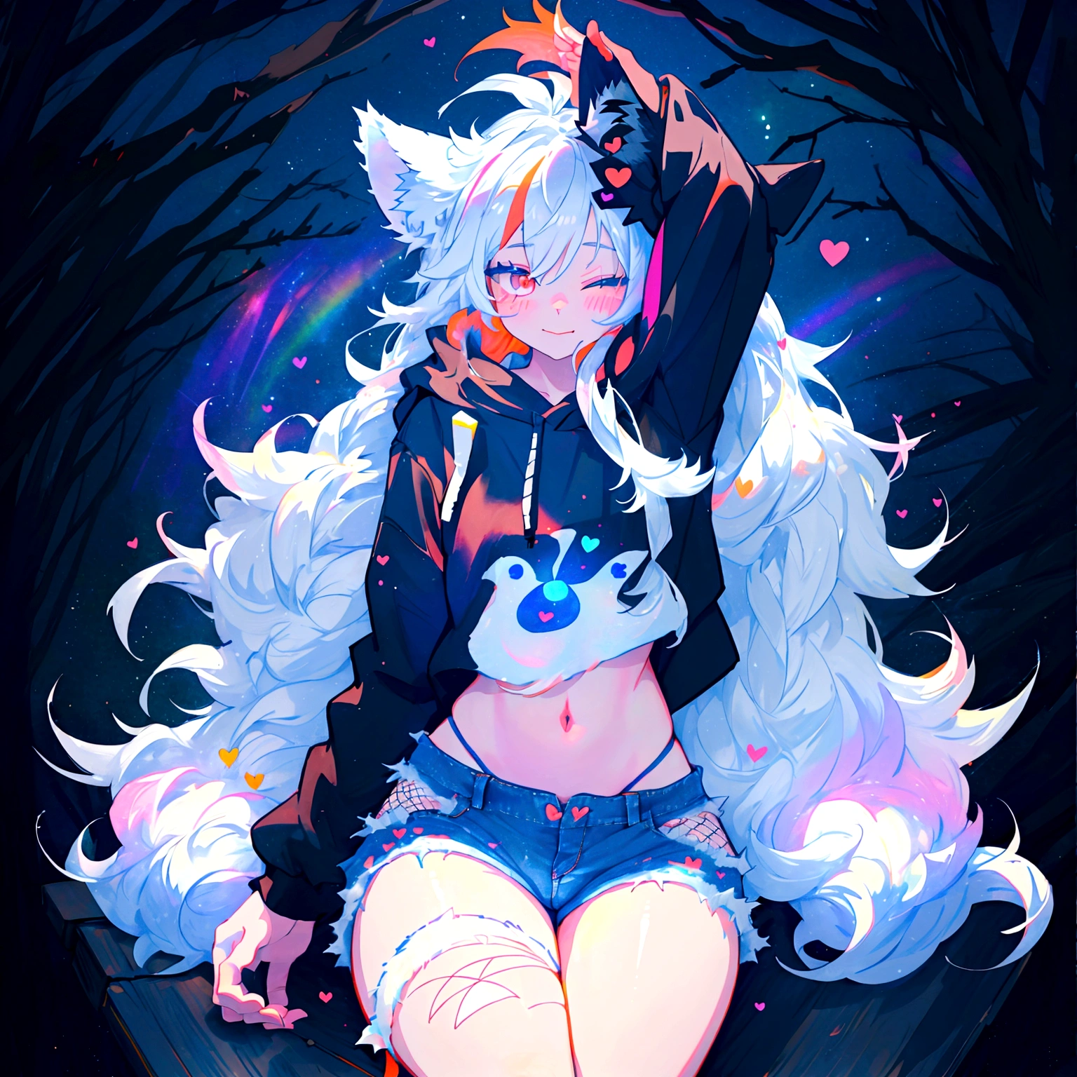a cute adult male with wolf ears, long white hair, long locks, has a wolf tail, wearing a loose cropped black hoodie, wearing a pair of denim short shorts and fishnet stockings, thick thighs, wide hips, relaxing on mound of fluffy multi colored kawaii plushies, short, very slim, showing slender tummy, heart on hoodie, squishy thighs, has glowing blue eyes. alone, solo (ALONE)(SOLO), surrounded by rainbows, colorful galaxy backround, smiling, stretching out