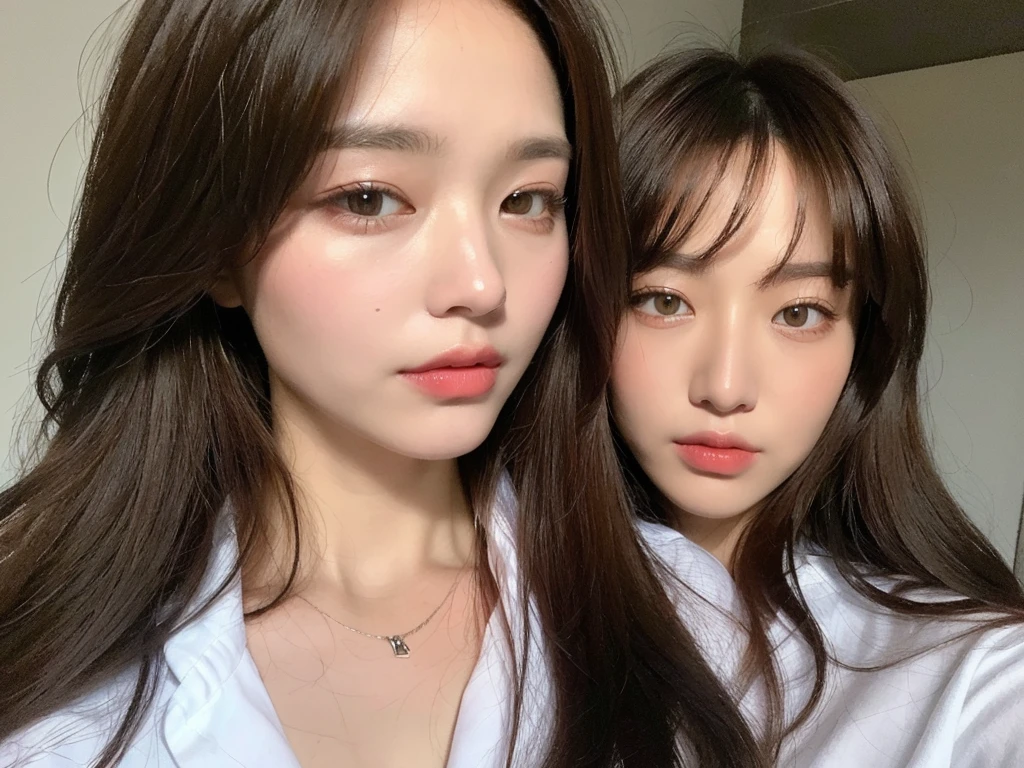 ((Highest quality, 8K, masterpiece :1.3)), Sharp focus :1.2, Beautiful woman with perfect figure :1.4, Slim Abs :1.2, ((Dark brown hair, Big Breasts :1.2)), (White button-up long shirt :1.1), City Street:1.2, Highly detailed face and skin texture, Fine grain, double eyelid