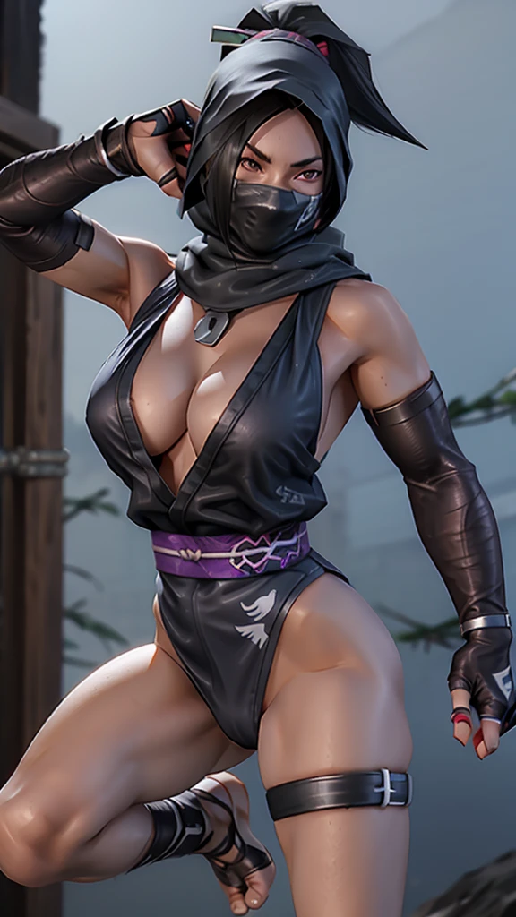 Female ninja with realistic bare feet and black toe nails exposed with boob cleavage showing