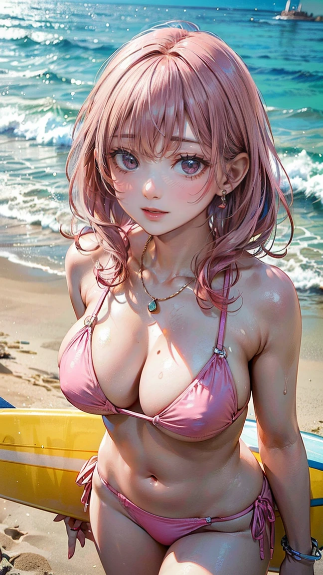 (Masterpiece, BestQuality:1.3), (ultra detailed:1.2), (hyperrealistic:1.3), (RAW photo:1.2), High detail RAW color photo, professional photograph, (Photorealistic:1.4), (realistic:1.4), professional lighting, perfect anatomy, (Big Breasts:1.2), (blush, detailed face), (A happy smile:1.7), Trending Hair&Trending Hairカラーをランダムに, earrings, necklace, bracelet, sexly, erotic sexly, Random sexy gravure poses, (A woman with pink hair and a bikini holding a surfboard、Walking towards the sea。:1.3)