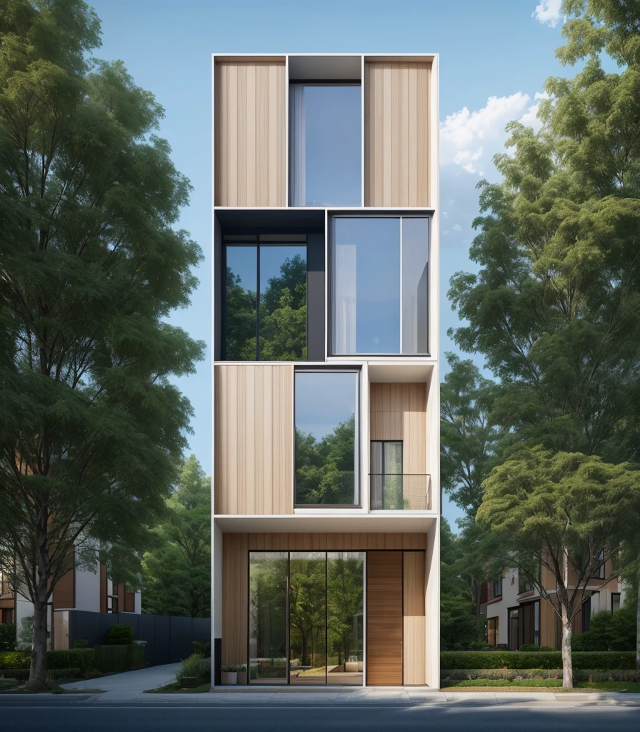 Modern townhouse, urban area, featured, residential area, city street, nearby trees, bright daylight, by James Gurney, realism, digital painting, architectural rendering, tones Neutral colors with vivid accents, Unreal Engine, 8k, super detailed, high resolution