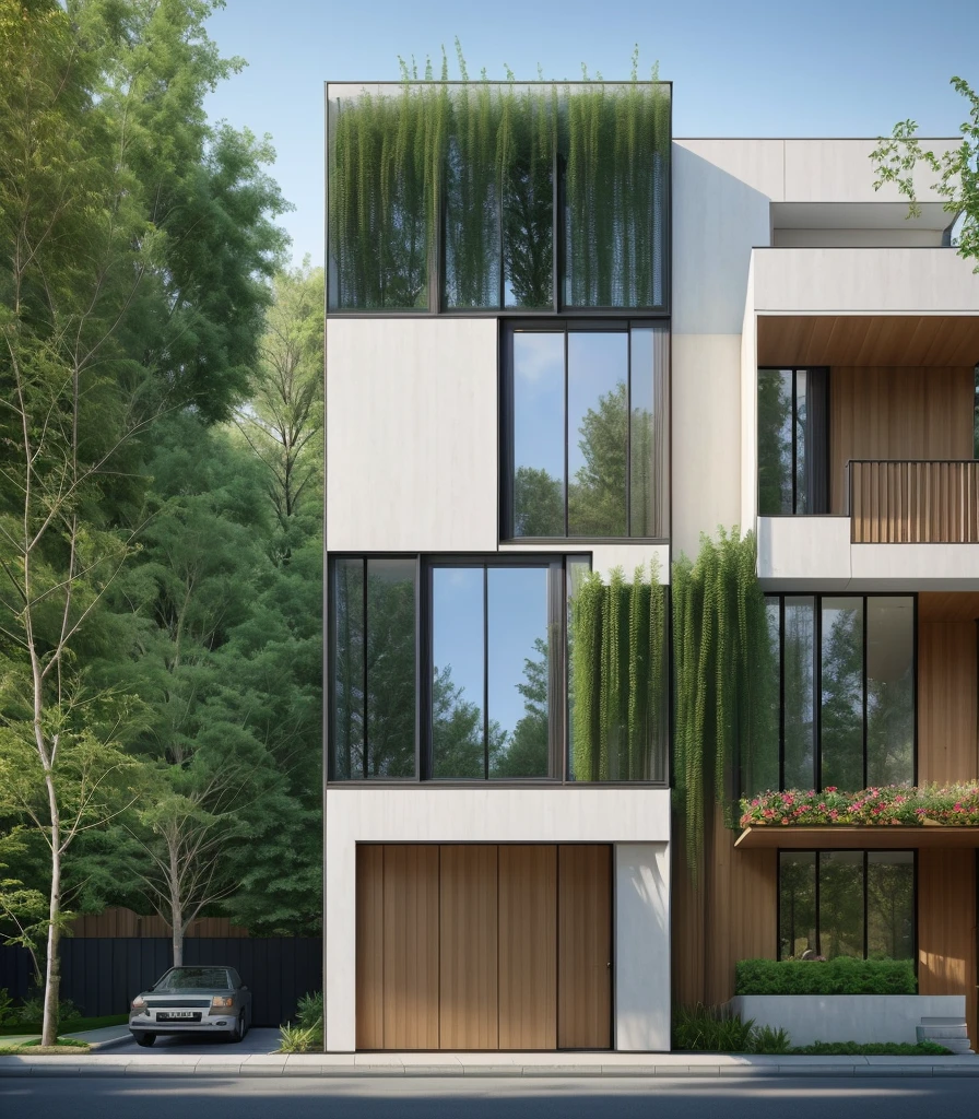 Modern townhouse, urban area, featured, residential area, city street, nearby trees, bright daylight, by James Gurney, realism, digital painting, architectural rendering, tones Neutral colors with vivid accents, Unreal Engine, 8k, super detailed, high resolution