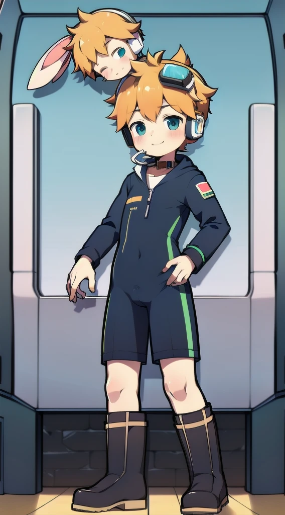 2D Boy Shota,One-piece mountaineering suit,Slim, healthy body,Put the headphones on your head,stand up,goggles,Rabbit ears,happy,Sailor collar,tie,Zipper pulled down,boots