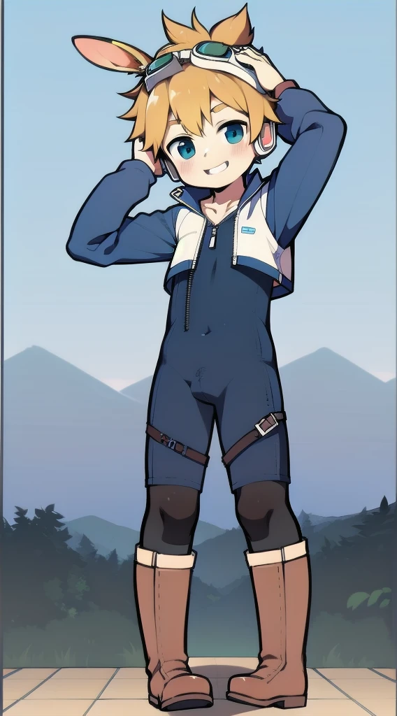 2D Boy Shota,One-piece mountaineering suit,Slim, healthy body,Put the headphones on your head,stand up,goggles,Rabbit ears,happy,Sailor collar,tie,Zipper pulled down,boots