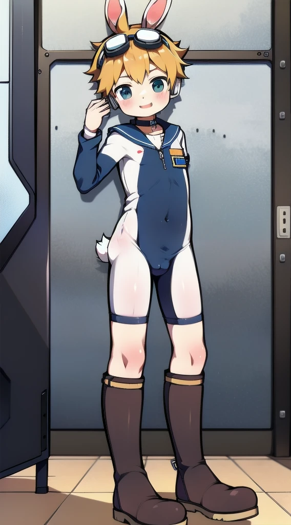 2D Boy Shota,One-piece mountaineering suit,Slim, healthy body,Put the headphones on your head,stand up,goggles,Rabbit ears,happy,Sailor collar,tie,Zipper pulled down,boots