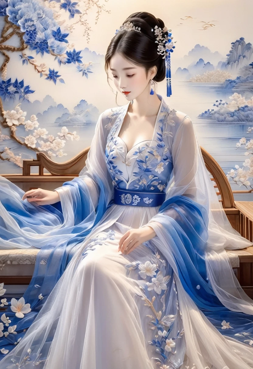 embroidery,Three-dimensional embroidery,(A picture of blue ornate Suzhou embroidery hangs on the wall),blue-white petals, Silk material embroidery, Inspired by Yao Jianping’s dream of Su embroidery works,translucent,abundant cleavage,painting on silk, alcohol ink art