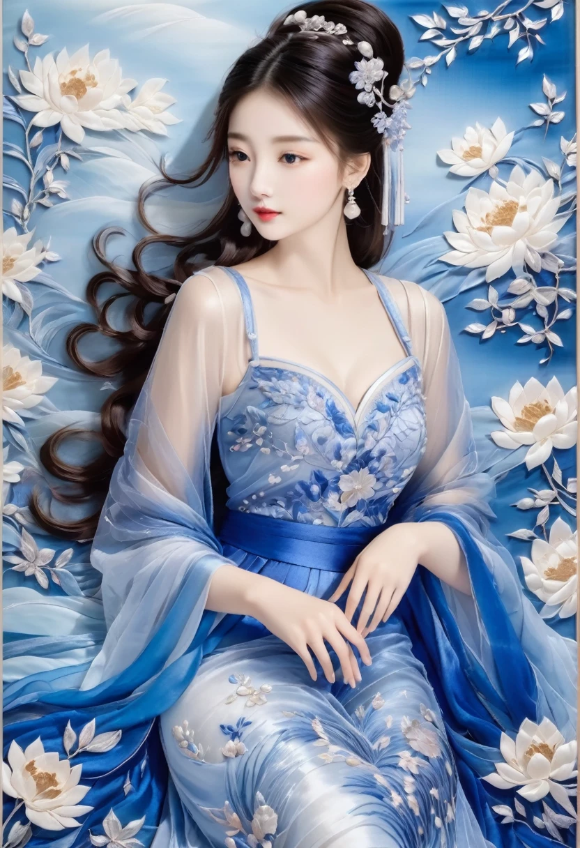 embroidery,Three-dimensional embroidery,(A picture of blue ornate Suzhou embroidery hangs on the wall),blue-white petals, Silk material embroidery, Inspired by Yao Jianping’s dream of Su embroidery works,translucent,abundant cleavage,painting on silk, alcohol ink art