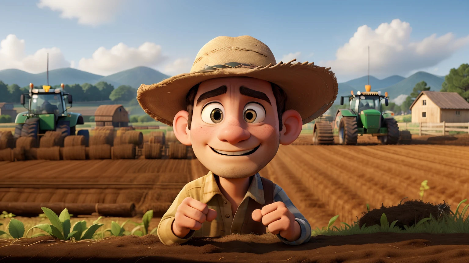 A hardworking farmer, toiling in his field with a determined and honest expression on his face