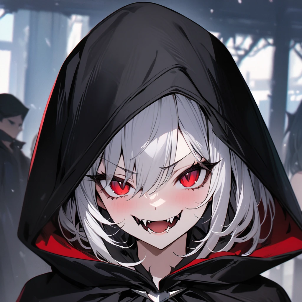 Top quality, masterpiece, vampire girl, silver hair, red eyes, (sharp fangs), jet black cloak, cold smile, close to the front face super zoomed in