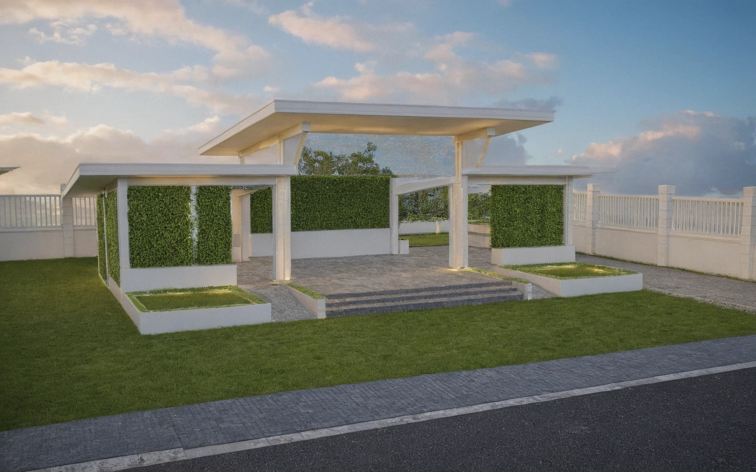 Masterpiece, high quality, best quality, authentic, super detail, outdoors, huts style neoclassic, bietthuhn, white wall, gate road, pavement, grass, trees, blue sky, sunset, cloud, (day:1.1), realistic lighting